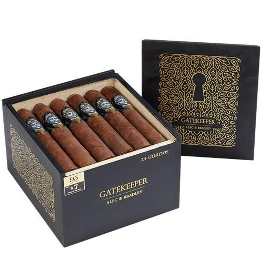 Alec Bradley Alec & Bradley Gatekeeper Gordo Cigars 24Ct. Box, open cigar box containing 24 cigars with decorative bands, and a matching black and gold decorative lid.