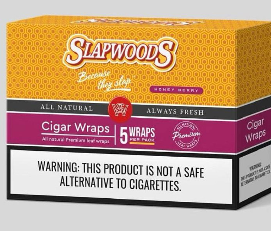 Slapwoods Natural Leaf Honey Berry Cigar Wraps 50ct, a box of all-natural premium leaf cigar wraps with honey berry flavor, with packaging showing the product name, flavor, and warning label.