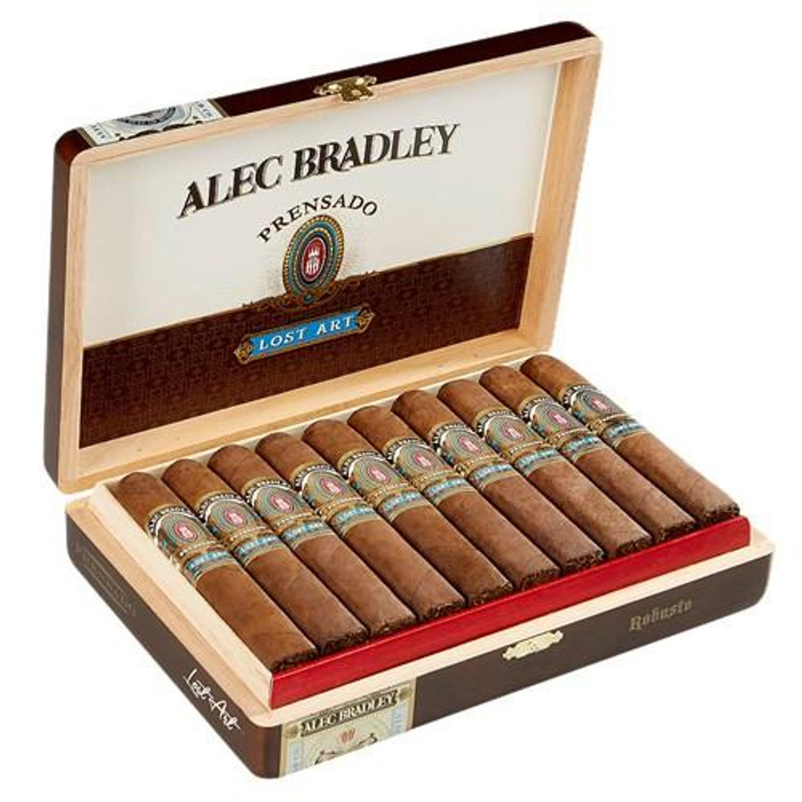 Alec Bradley Prensado Lost Art Robusto Cigars 24Ct. Box, open wooden cigar box displaying 24 cigars with colorful bands inside a black and natural wood finish, with branding and money imagery inside. Alec Bradley Prensado Lost Art Robusto Cigars 24Ct. Box, open wooden cigar box displaying 24 cigars with colorful bands inside a black and natural wood finish, with branding and money imagery inside.
