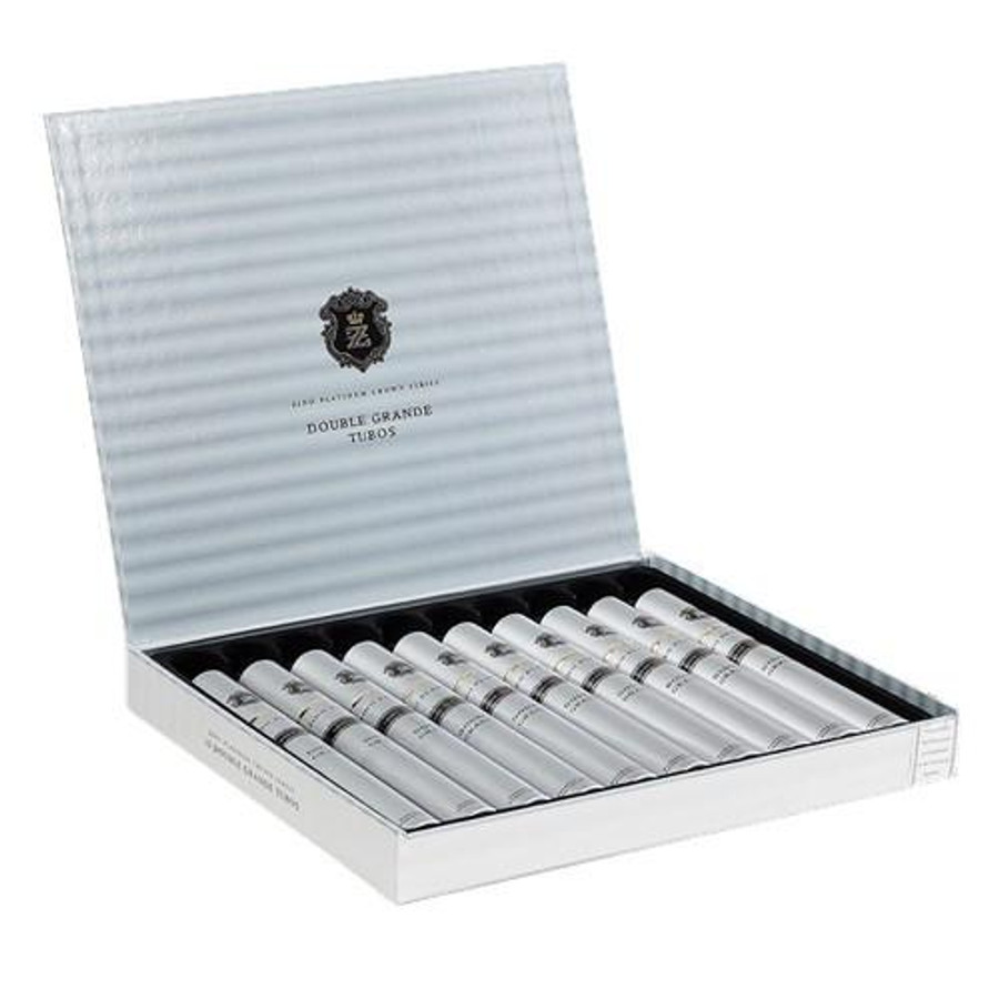 Zino Platinum Crown Series Cigars, opened display box with multiple white cigar tubes inside.