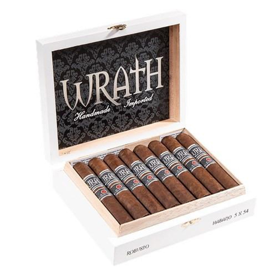 Wrath Habano by Oliva Cigars, a box of handcrafted cigars with a dark brown wrapper inside a white wooden box.