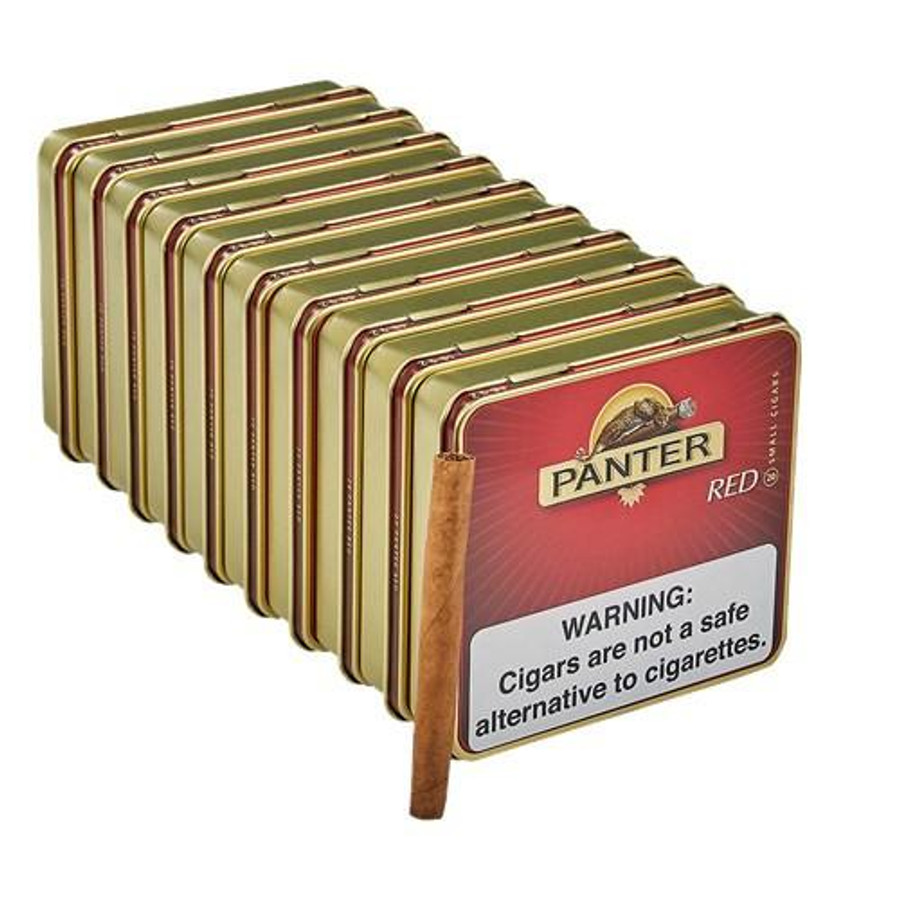 Panter Tobacco Panter Red Cigarillos 10 Tins of 20, stacked tins of cigarillos with warning label and a single cigarillo outside the tin. Panter Tobacco Panter Red Cigarillos 10 Tins of 20, stacked tins of cigarillos with warning label and a single cigarillo outside the tin.