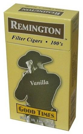 Remington Filtered Cigars Vanilla, yellow box featuring a silhouette of a woman wearing a hat and sunglasses, with the brand name and product details.
