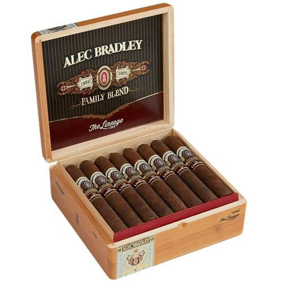 Alec Bradley The Lineage Toro Cigars 24Ct. Box, wooden cigar box opened revealing 24 cigars with branded bands inside.