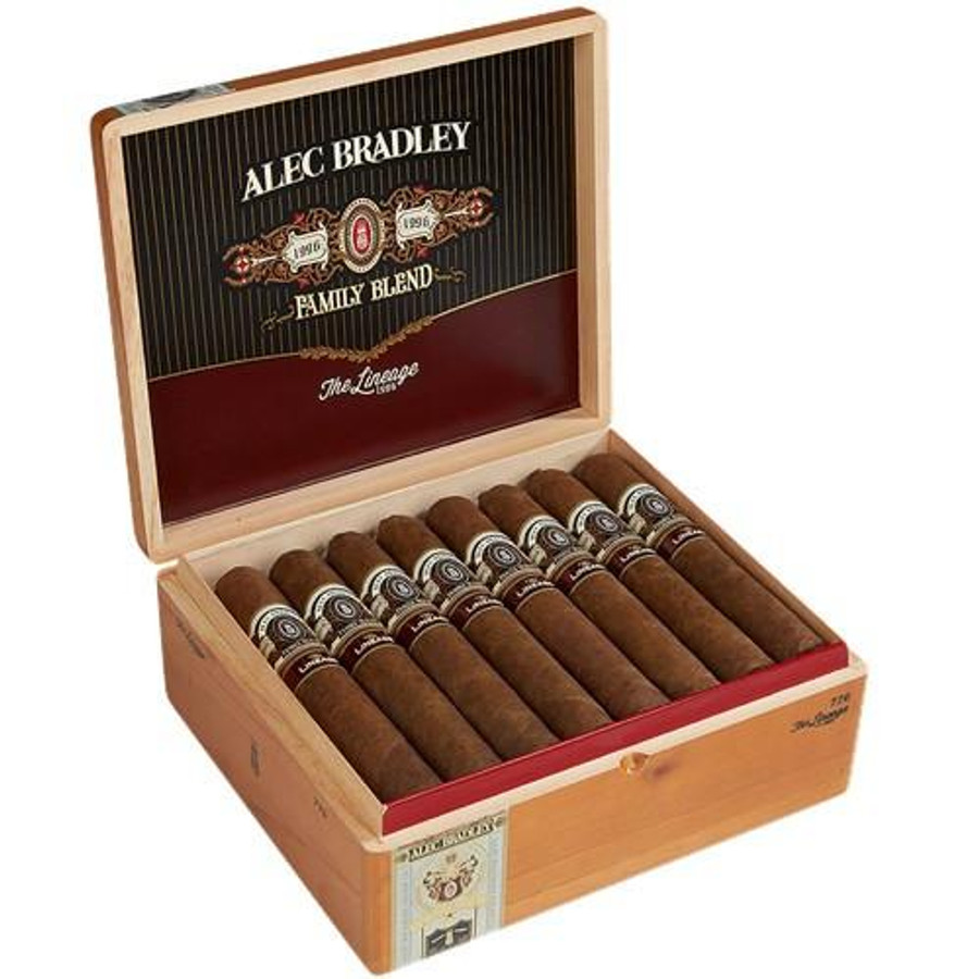 Alec Bradley The Lineage 770 Cigars 24Ct. Box, opened wooden cigar box displaying 24 cigars neatly arranged inside.