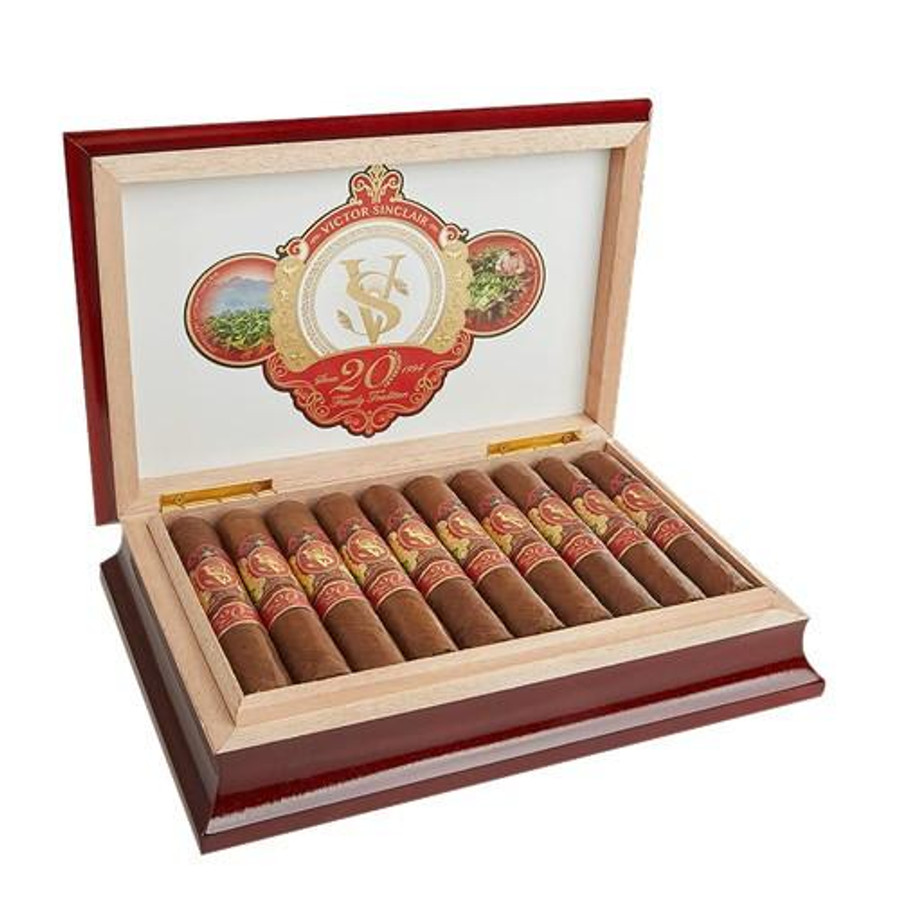 Victor Sinclair 20th Anniversary Cigars, open wooden cigar box containing ten cigars with detailed labels