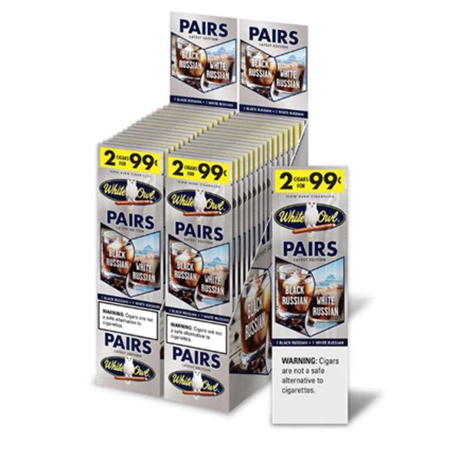 Swedish Match White Owl Cigarillos Black Russian White Russian 30/2, display of cigarillo packs with bold packaging and promotional price sign. Swedish Match White Owl Cigarillos Black Russian White Russian 30/2, display of cigarillo packs with bold packaging and promotional price sign.