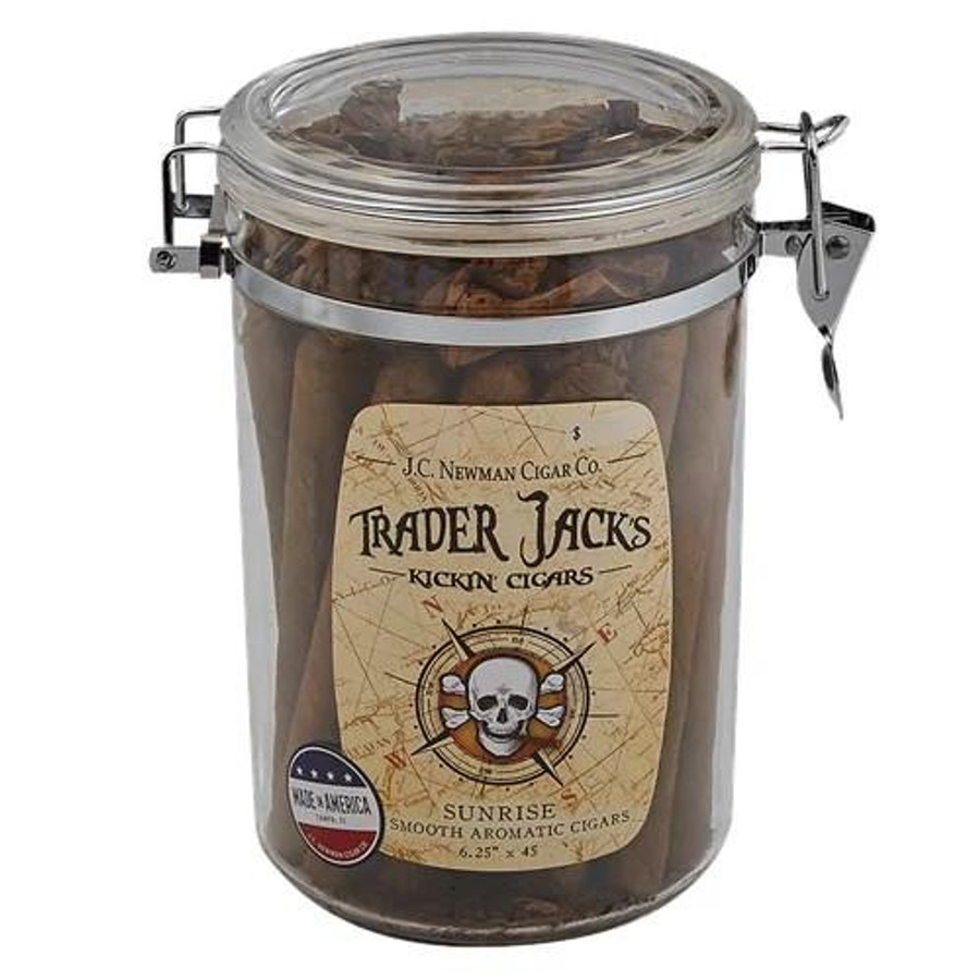 Trader Jack's Sunrise Cigars, a jar of smooth aromatic cigars with a vintage-style label featuring a skull and compass design. Trader Jack's Sunrise Cigars, a jar of smooth aromatic cigars with a vintage-style label featuring a skull and compass design.