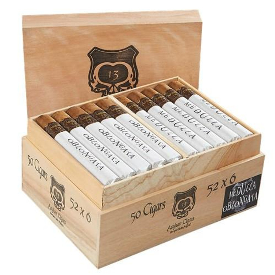 Asylum 13 Medulla Oblongata 652 Cigars 50Ct. Box, open wooden cigar box containing 50 cigars with white and black bands labeled Medulla, arranged in two rows.