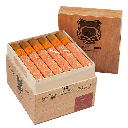 Asylum 13 Connecticut Seventy Cigars 30Ct. Box, open wooden cigar box containing 30 cigars with orange bands, displayed with the lid leaning against the box.