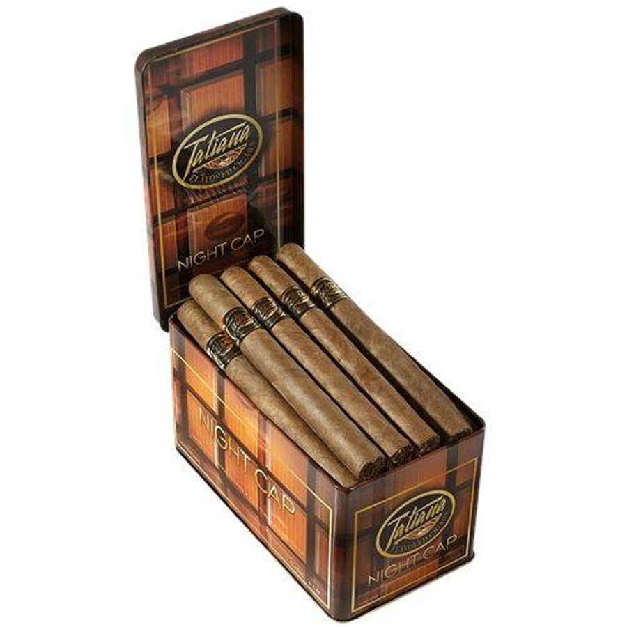 Tatiana Flavored Cigars, a box of premium cigars with a wooden finish and gold accents, labeled Night Cap.