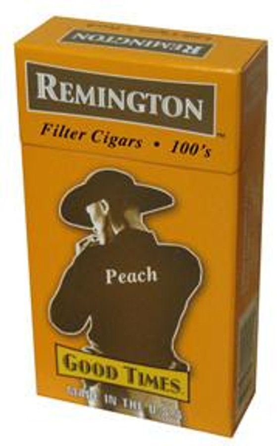 Remington Filtered Cigars Peach, orange and yellow packaging box featuring a silhouette of a man wearing a hat and sunglasses with the word 'Peach' on it.