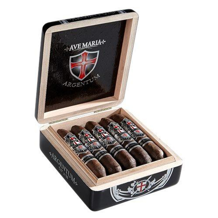 AJ Fernandez Ave Maria Argentum Gordo Cigars 10-Count Box, wooden box with open lid revealing five premium cigars with detailed bands.