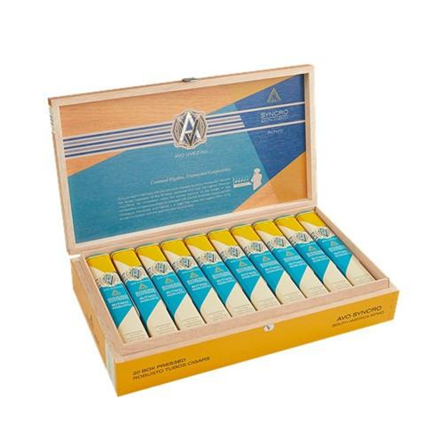 AVO Syncro Ritmo Robusto Tubos Cigar 20Ct. Box, wooden cigar box opened displaying 20 individually wrapped cigars with blue and yellow packaging.