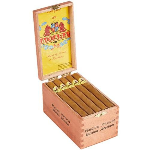 Baccarat Platinum Cigars 25 Ct. Box, open wooden box containing 25 cigars with yellow and red branding, inside a colorful case with vintage design.