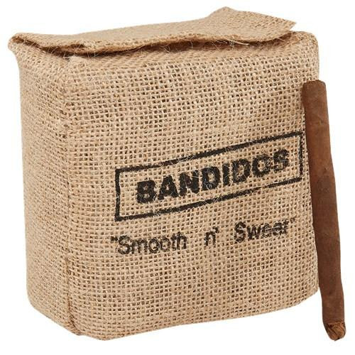 Bandidos Smooth n' Sweet Cigars 60Ct. Pack, a burlap sack containing cigars with a cigar leaning against it.