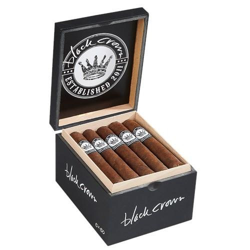 Black Crown Robusto Cigars 20Ct. Box, open black box with 20 cigars neatly arranged inside and the Black Crown logo on the inside lid.