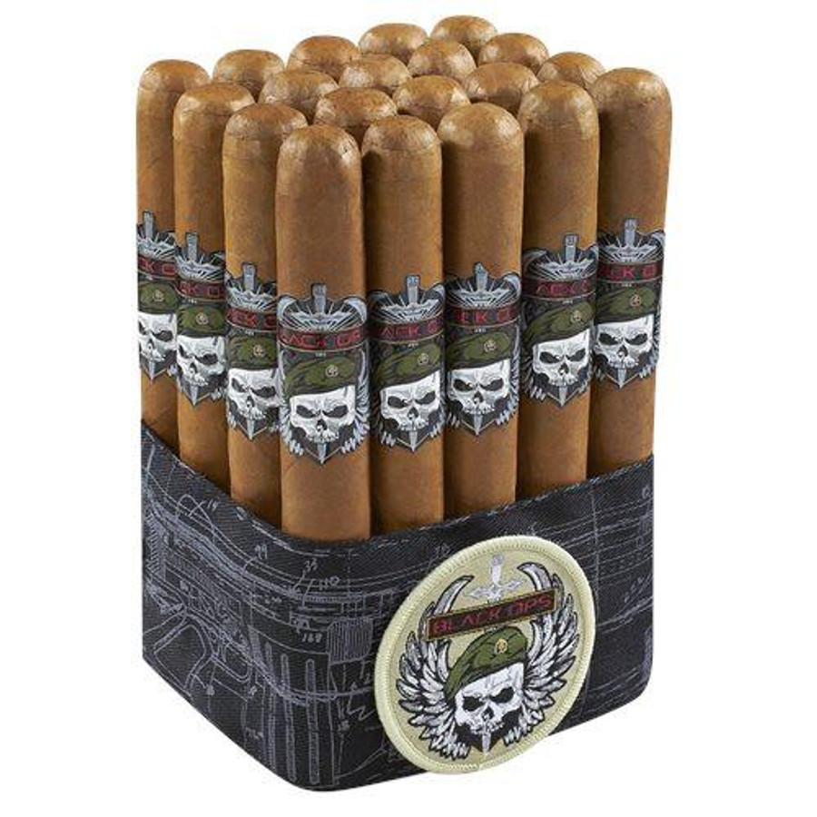 Black Ops Connecticut Cigars 20Ct. Pack, a collection of 20 cigars with branded labels, in a black patterned box featuring a skull and military-themed design.