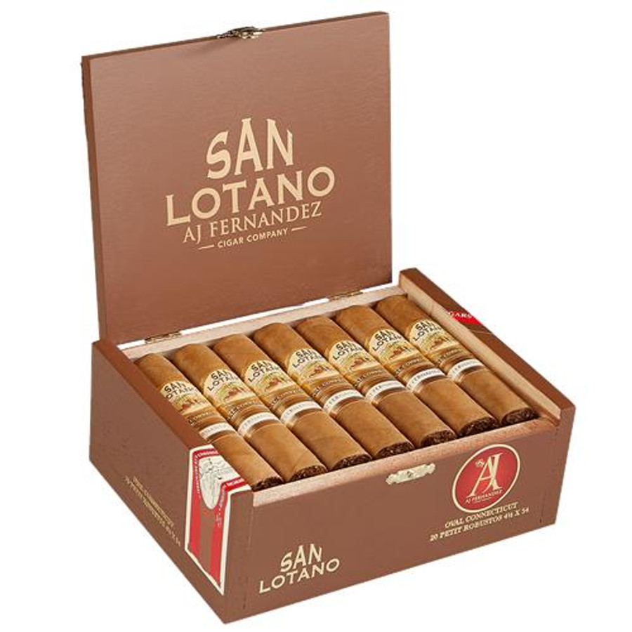 AJ Fernandez San Lotano Oval Connecticut Cigars, opened box showcasing neatly arranged cigars with light-colored wrappers inside a stylish brown box.