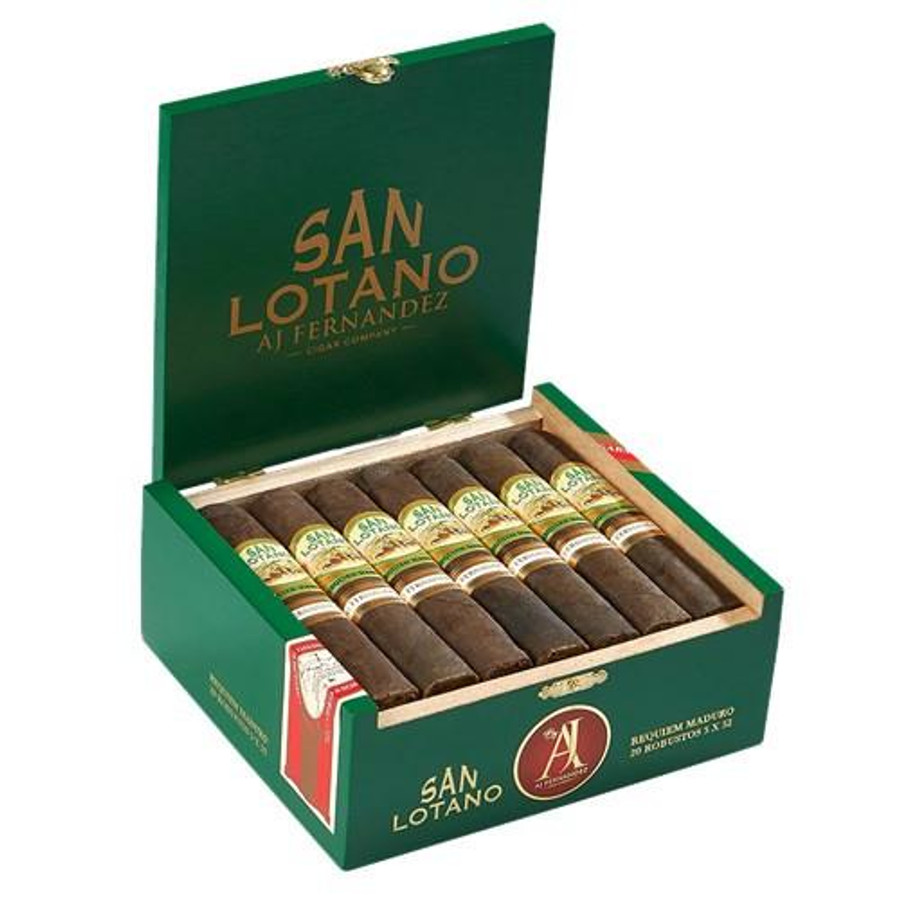 AJ Fernandez San Lotano Requiem Maduro Cigars, a box of premium cigars neatly arranged inside a green and gold box.