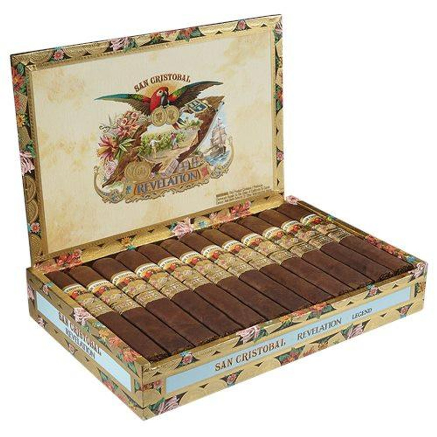 San Cristobal Revelation Cigars, an open luxury cigar box displaying multiple high-quality cigars with decorative bands.