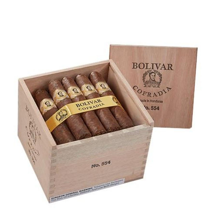 Bolivar CofradiaNo. 554 Robusto Cigars 24Ct. Box, open wooden cigar box showcasing neatly arranged cigars with a yellow band and the Bolivar logo, with the box lid displaying the Bolivar and Cofradia branding.