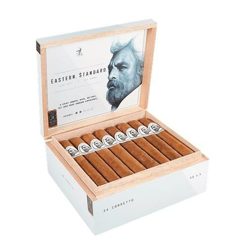 Caldwell Collection Eastern Standard Cigars 24CT. Box, open wooden cigar box displaying 24 cigars with white and silver bands, and a graphic of a bearded man on the inside lid.