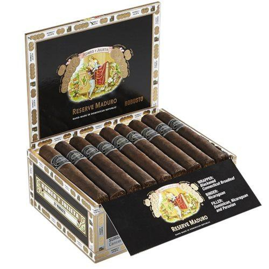 Romeo y Julieta Reserve Maduro Cigars, opened cigar box with multiple dark Maduro cigars inside and branding details visible.