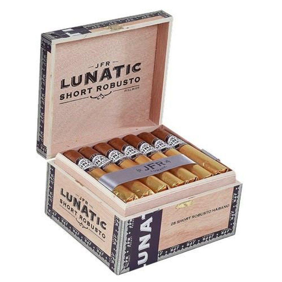 Casa Fernandez JFR Lunatic Habano El Chiquito Cigars 28Ct. Box, open wooden cigar box displaying 28 cigars with colorful bands and protective wrapping.