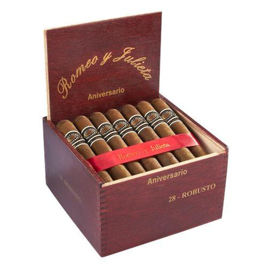 Romeo y Julieta Aniversario Cigars, a box of 28 robusto cigars with a red ribbon and wooden texture packaging. Romeo y Julieta Aniversario Cigars, a box of 28 robusto cigars with a red ribbon and wooden texture packaging.