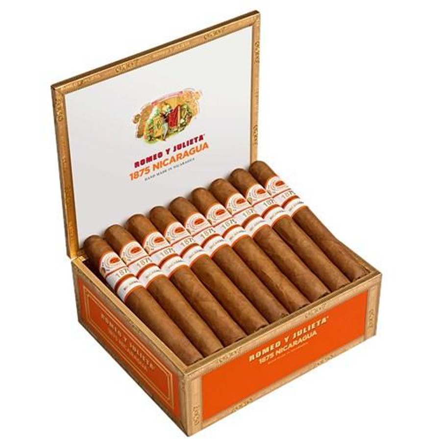Romeo y Julieta 1875 Nicaragua Cigars, open cigar box displaying neatly arranged cigars with white and orange bands.