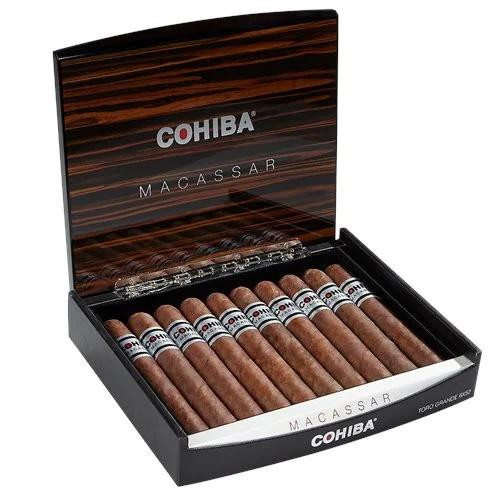Cohiba Macassar Toro Grande Cigars 10 Ct. Box, open box showing ten premium cigars with banding inside a wooden presentation box.