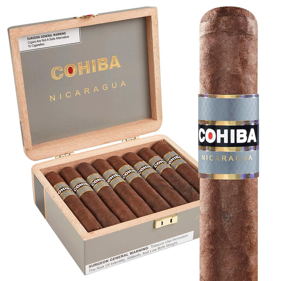 Product General Cigar Cohiba Nicaragua N Cigars 16Ct. Box, opening view showing 16 cigars inside a wooden box with a label on each cigar and the box lid displaying the Cohiba Nicaragua logo.