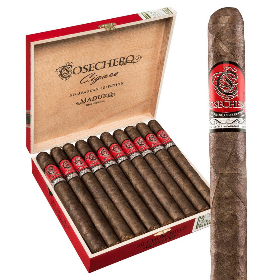 Cosechero Maduro Churchill Cigars 20Ct. Box, opened wooden box containing 20 cigars with red and silver bands, and a single cigar displayed outside the box.
