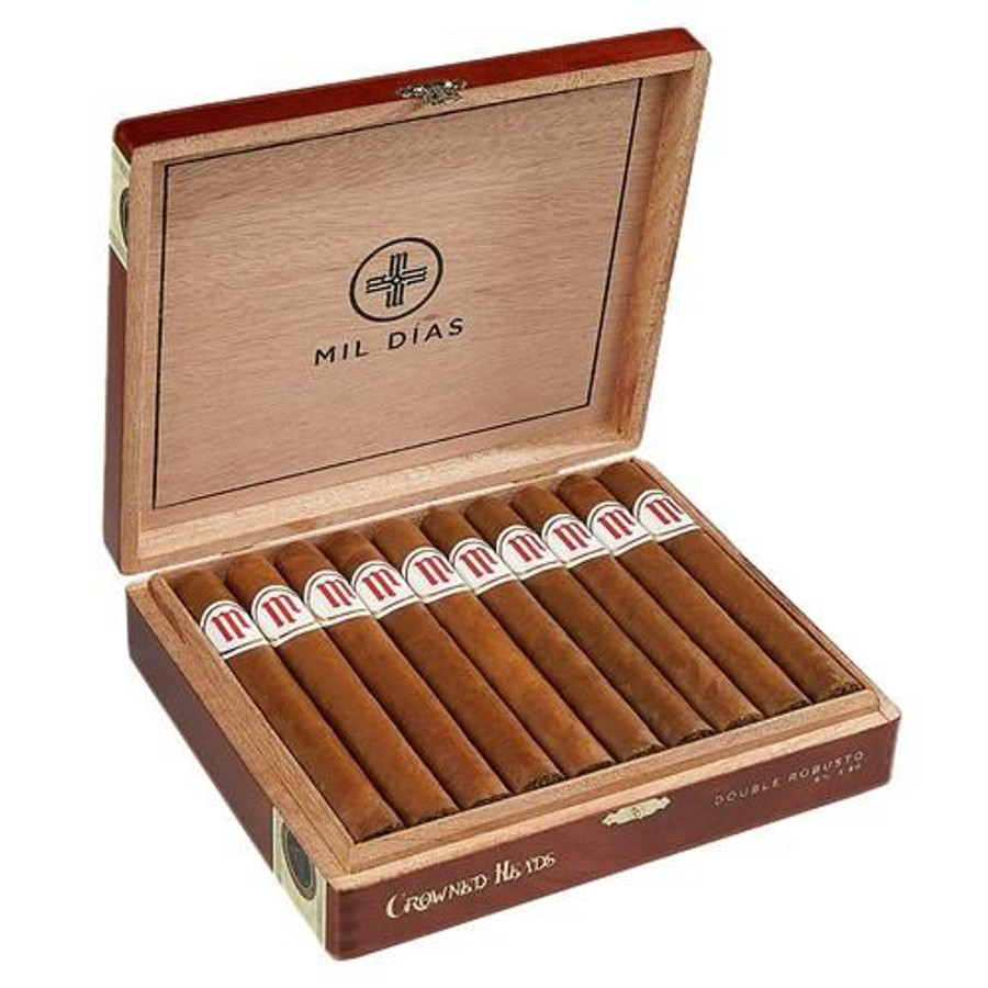 Crown Heads Mil Días Double Robusto Cigars 20 Count Box, open wooden cigar box displaying individually wrapped cigars with red and white bands.