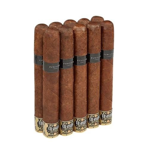 Cu-Avana Punisher Toro Cigar 10Ct. Pack, a bundle of ten robust cigars with dark brown wrappers, featuring black and gold bands with the product name.
