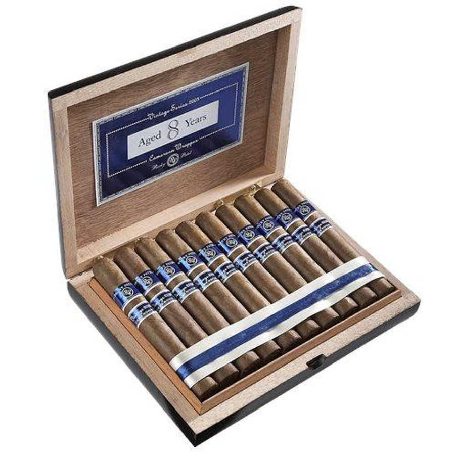 Rocky Patel Vintage 2003 Cameroon Cigars, an elegant wooden box containing multiple cigars with blue and silver bands.