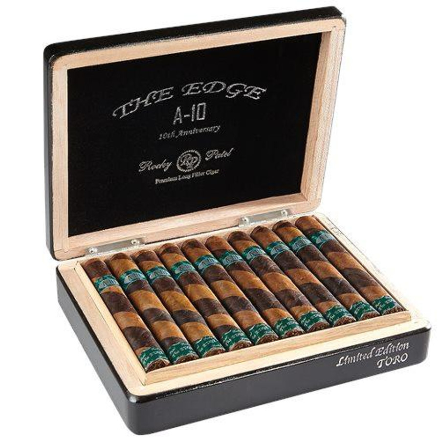 Rocky Patel The Edge A-10 Cigars, open wooden humidor box with cigars inside.