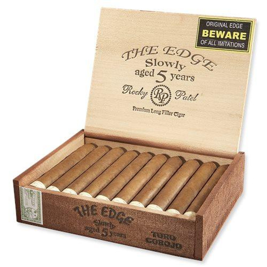 Rocky Patel The Edge Cigars, a box of premium cigars with a natural brown wrapper and a warning label on the lid.