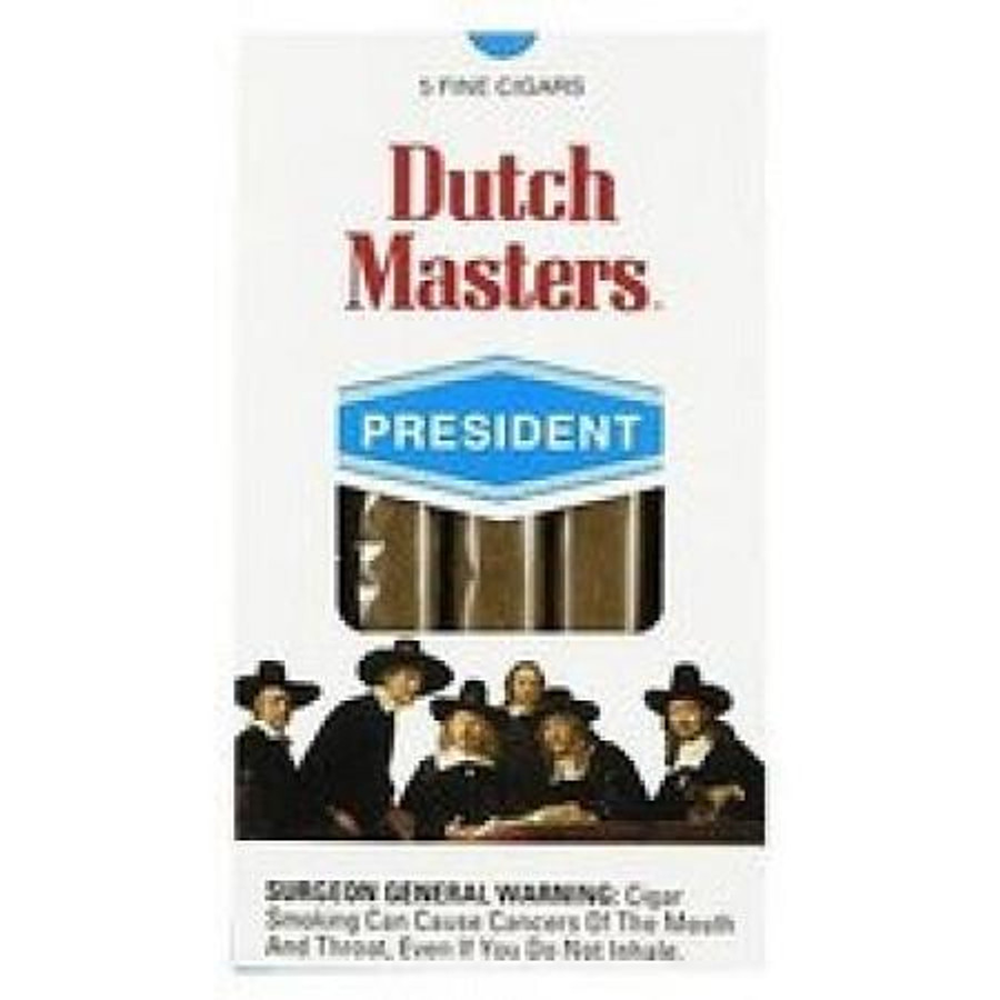 Dutch Masters Cigars President Pack, a pack of cigarillos in a white box with red and blue branding and an illustration of five men in suits and hats.