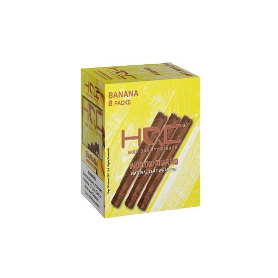 HQC Banana Cigars 8 Packs of 5, product packaging showing banana-flavored cigars with wooden leaf wrapping on yellow box. HQC Banana Cigars 8 Packs of 5, product packaging showing banana-flavored cigars with wooden leaf wrapping on yellow box.