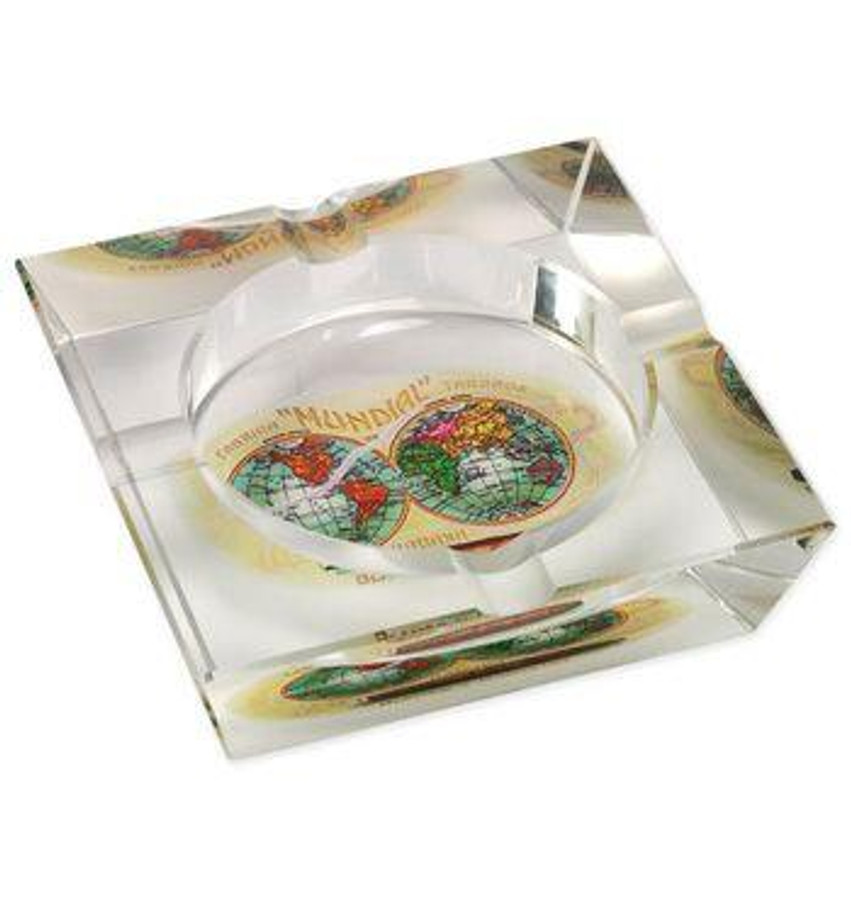 Quality Importers Humidors Lotus Cuban Vista Collection Ashtray- Mundial, clear glass ashtray with a colorful world map design in the center.