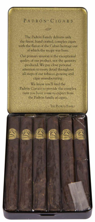 Padron Series Corticos Maduro Cigars 6 Tins of 6, image of an open tin containing six cigars with a gold label, and a gold-colored interior lid with descriptive text about the cigars' craftsmanship and heritage.