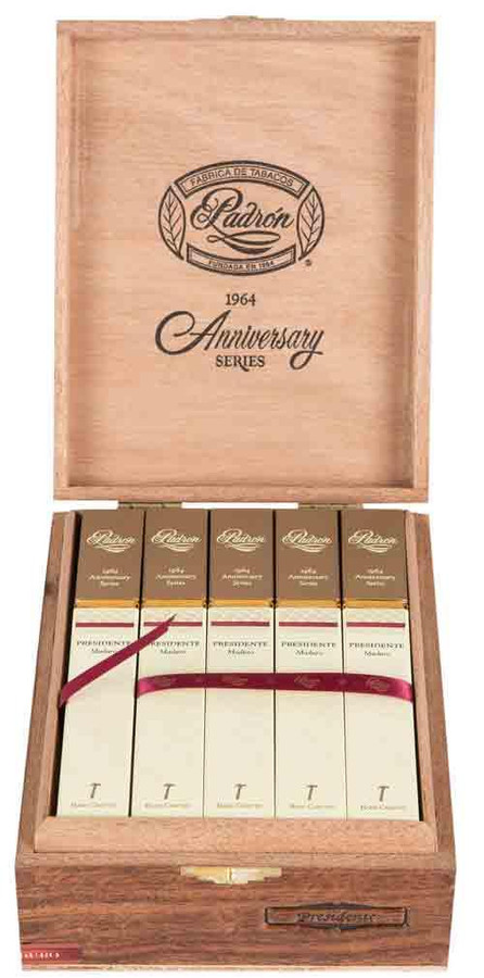 Padron 1964 Anniversary Presidente Square Tubo Maduro Cigars 15Ct. Box, wooden cigar box with lid open revealing five cigar packs inside, each labeled and secured with a pink ribbon. Padron 1964 Anniversary Presidente Square Tubo Maduro Cigars 15Ct. Box, wooden cigar box with lid open revealing five cigar packs inside, each labeled and secured with a pink ribbon.