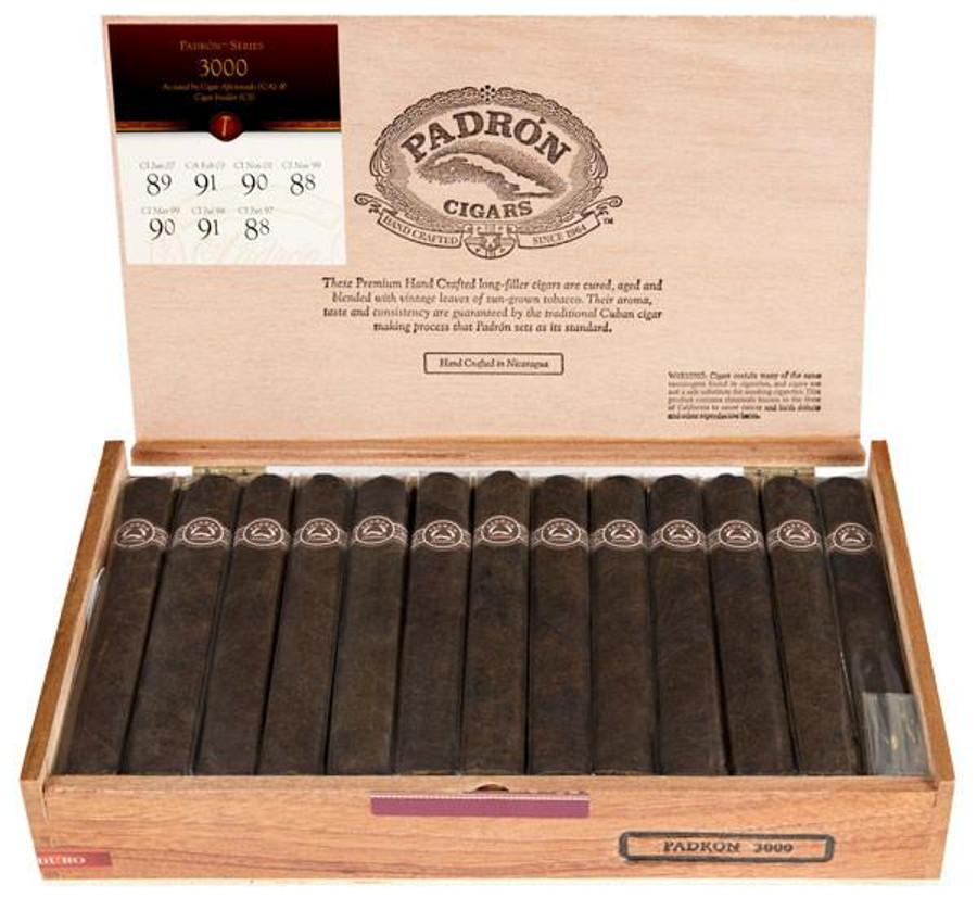 Padron Series 3000 Maduro Cigars 26Ct. Box, open wooden cigar box displaying 26 Maduro cigars with a professional label and a detailed inside lid print.