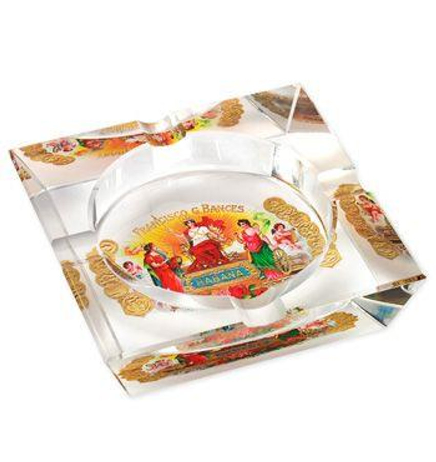 Quality Importers Humidors Lotus Cuban Vista Collection Ashtray - Habana, round glass ashtray with colorful Cuban-themed design and floral decorative edges.