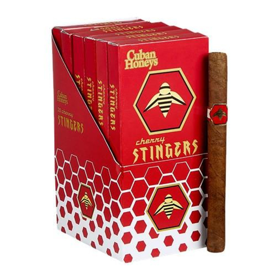Cuban Honey Stingers Cigarillos Cherry Pack of 30, a box of cherry-flavored cigarillos with a single cigarillo outside the box.