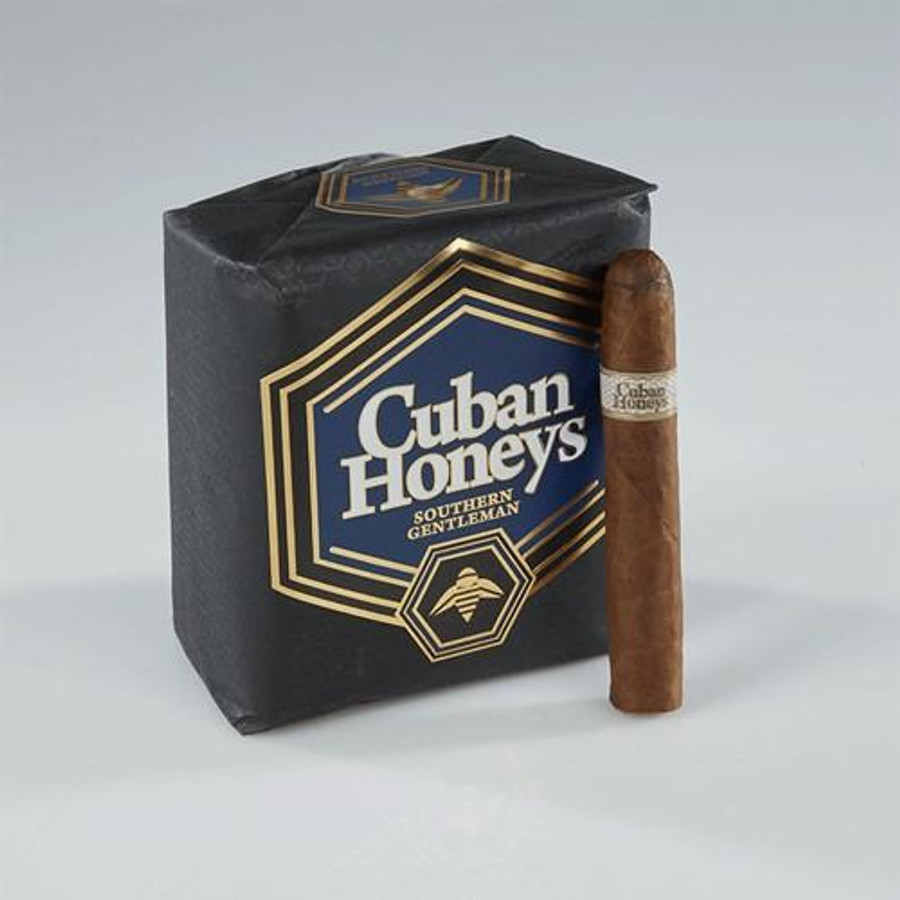 Cuban Honeys Southern Gentleman Cigars 24Ct. Pack, featuring a black box with gold and blue label and a single cigar with a decorative band.