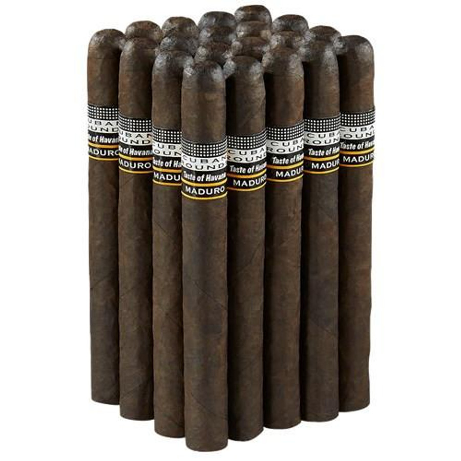 Cuban Rounds Maduro Chuchill Cigars 20ct pack, premium dark Maduro cigars with labeled bands, neatly arranged in a group.