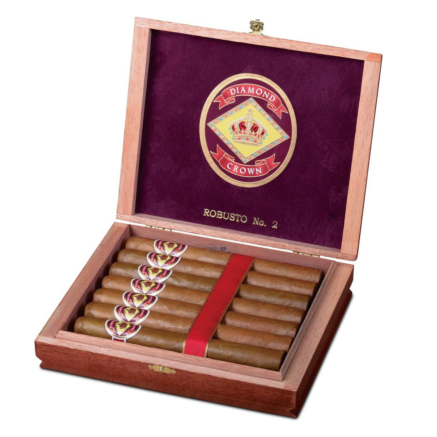 Diamond Crown Robusto No. 2 Cigars 15 Ct. Box, open wooden cigar box with 15 cigars neatly arranged inside, featuring the Diamond Crown logo on the labels.